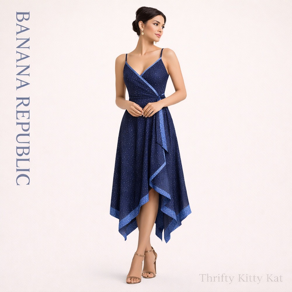 Banana Republic Midi Dress Handkerchief Hem Wrap Tie Blue Geo Print 6‎